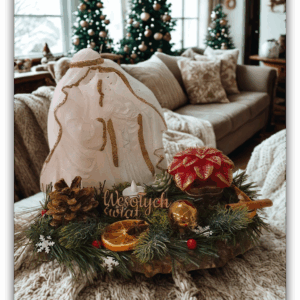 Stroik Świąteczny Rodzina Święta na Drewnianej Podstawie
