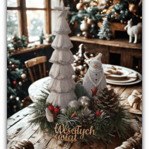 Stroik Świąteczny z Choinką i Bałwankiem na Drewnianej Podstawie